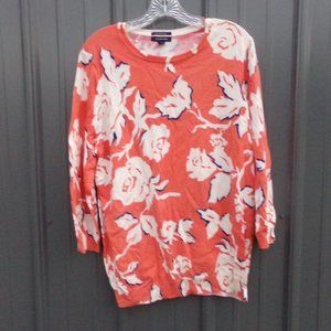 Lands' End Orange with White Floral Mid Sleeve Sweater- Size L